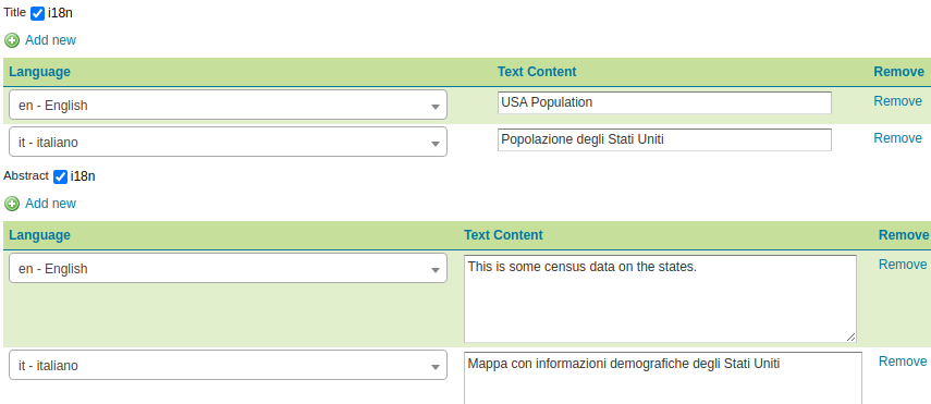 Configuring multiple languages for title and abstract