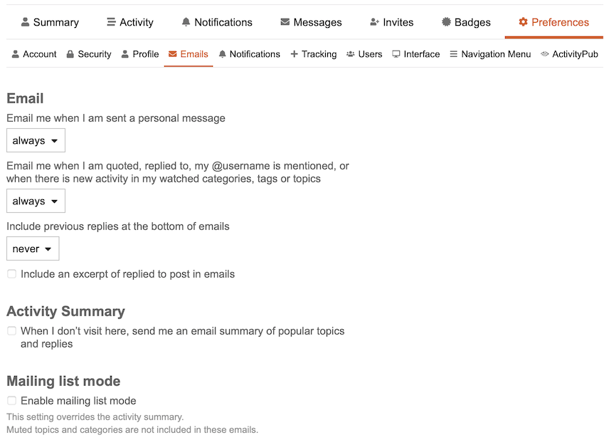 Discourse Email Preferences